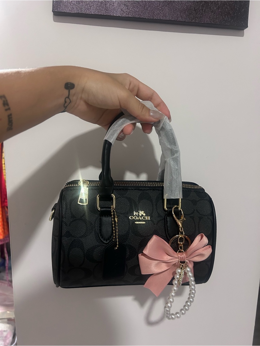 Coach Black Signature Mini Satchel with Pink Bow and Pearl Charm